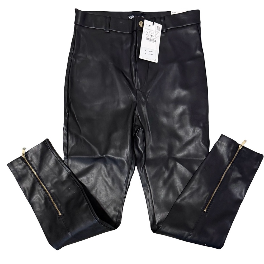 Zara Midnight High Rise Black Leather Leggings Size Large